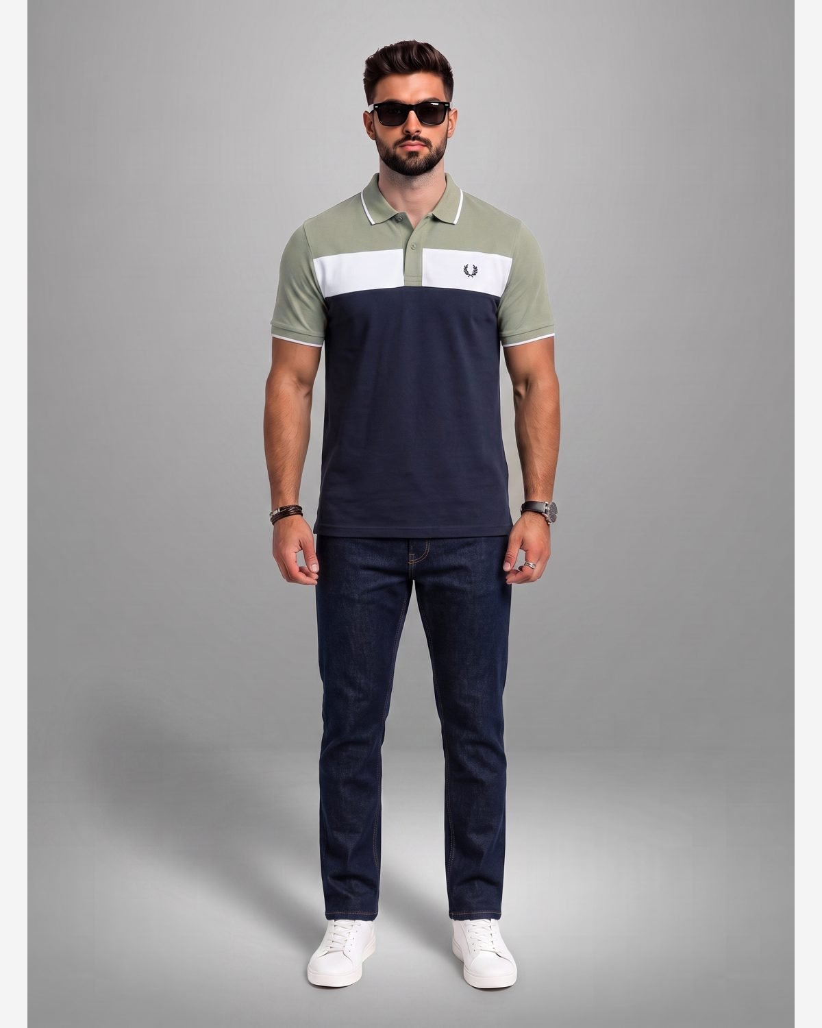 Men's Olive Green & Navy Color Block Polo Shirt