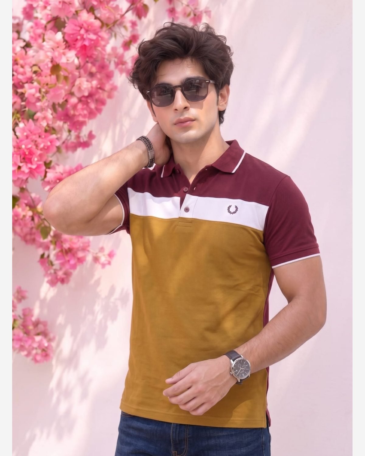 Men's Maroon & Mustard Premium Color Block Polo Shirt view 3