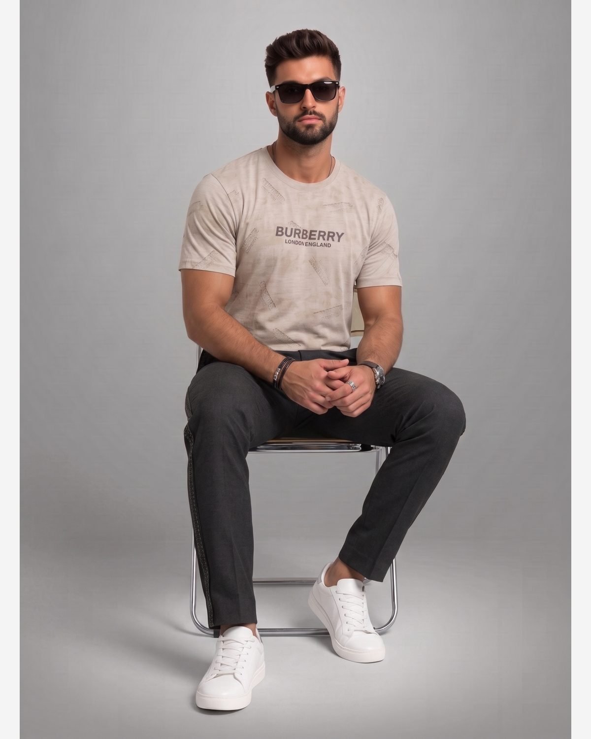 Premium Beige Graphic Printed Crew Neck T-Shirt for Men view 3