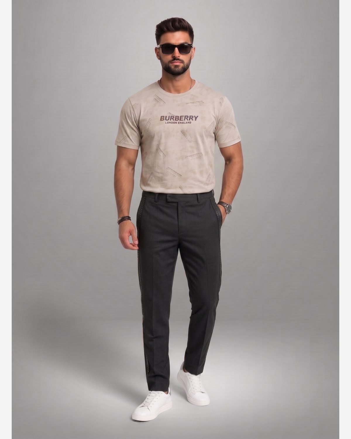 Premium Beige Graphic Printed Crew Neck T-Shirt for Men view 4
