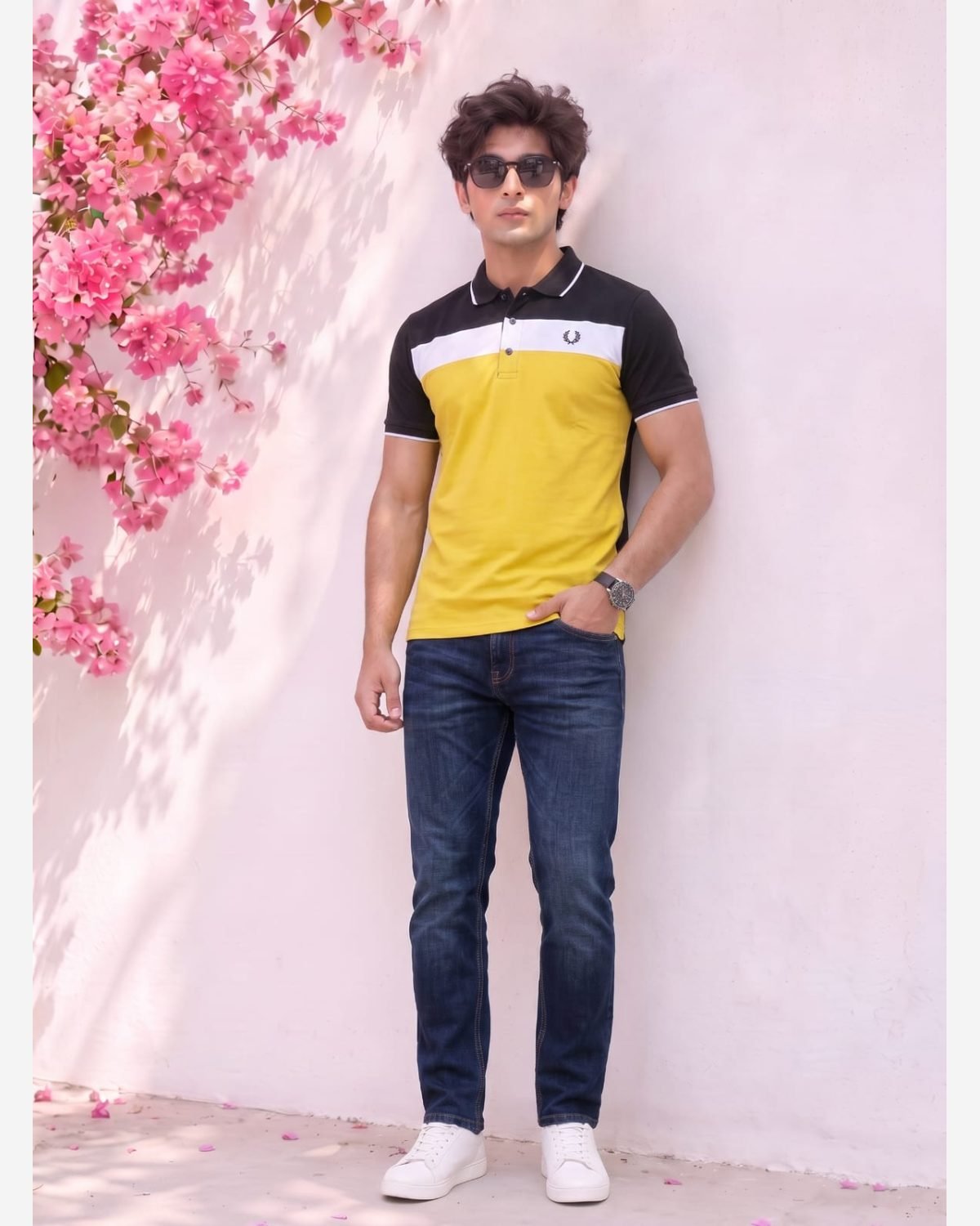Men's Premium Yellow Color Block Polo Shirt with Black Yoke