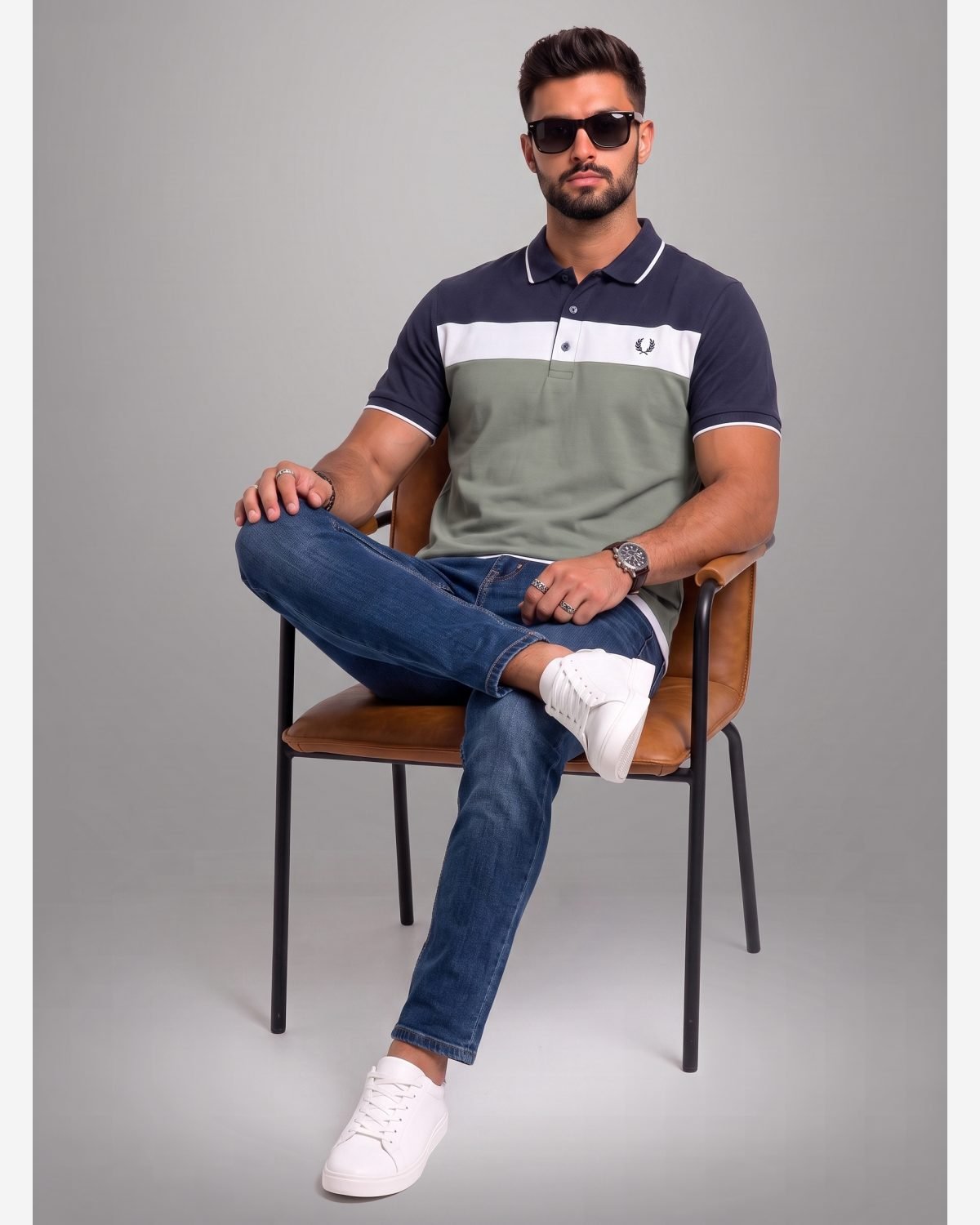 Men's Navy Blue & Sage Green Color Block Polo Shirt view 3