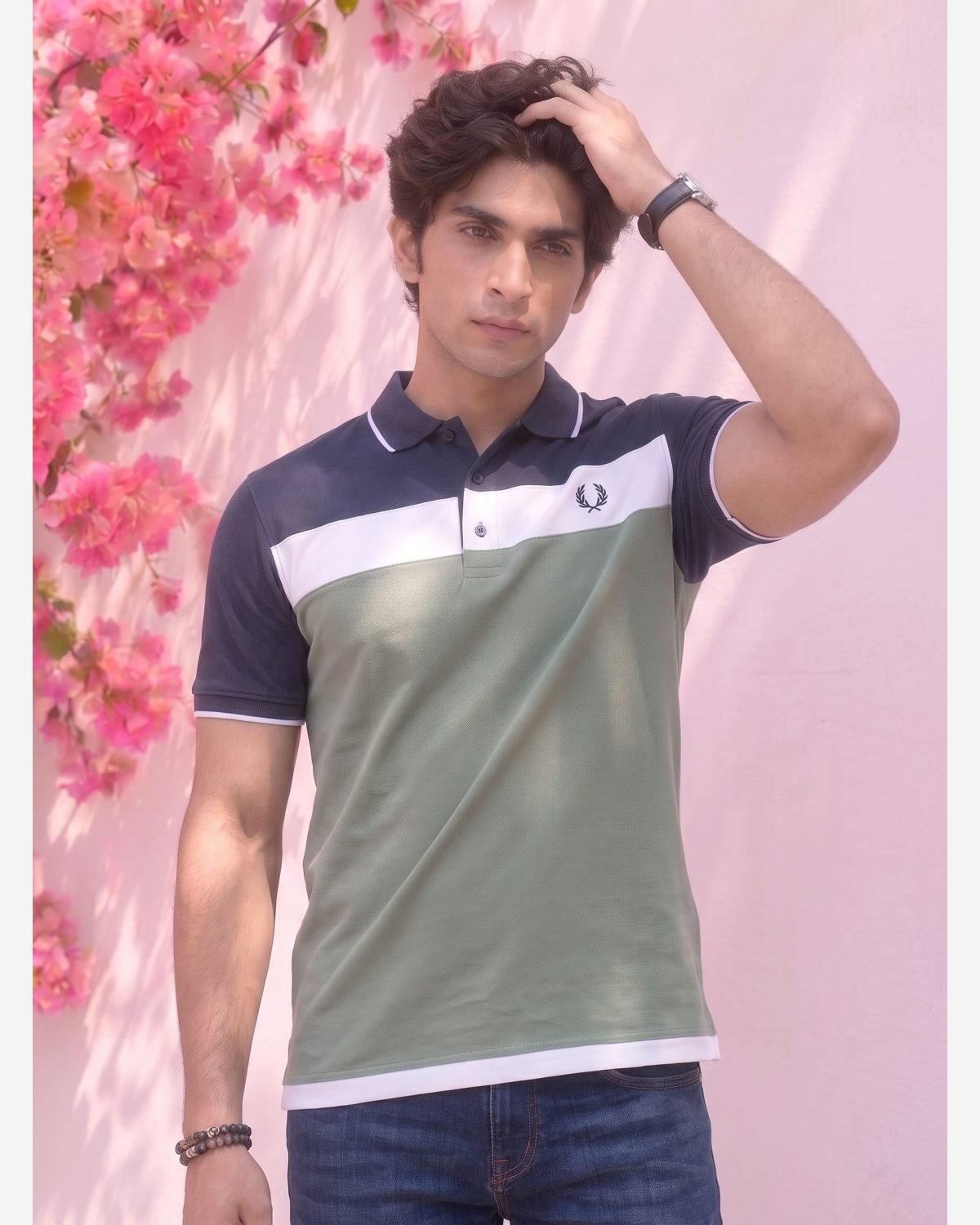 Men's Navy Blue & Sage Green Color Block Polo Shirt view 3