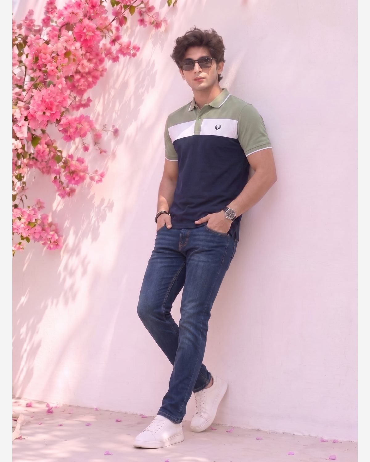 Men's Olive Green & Navy Color Block Polo Shirt