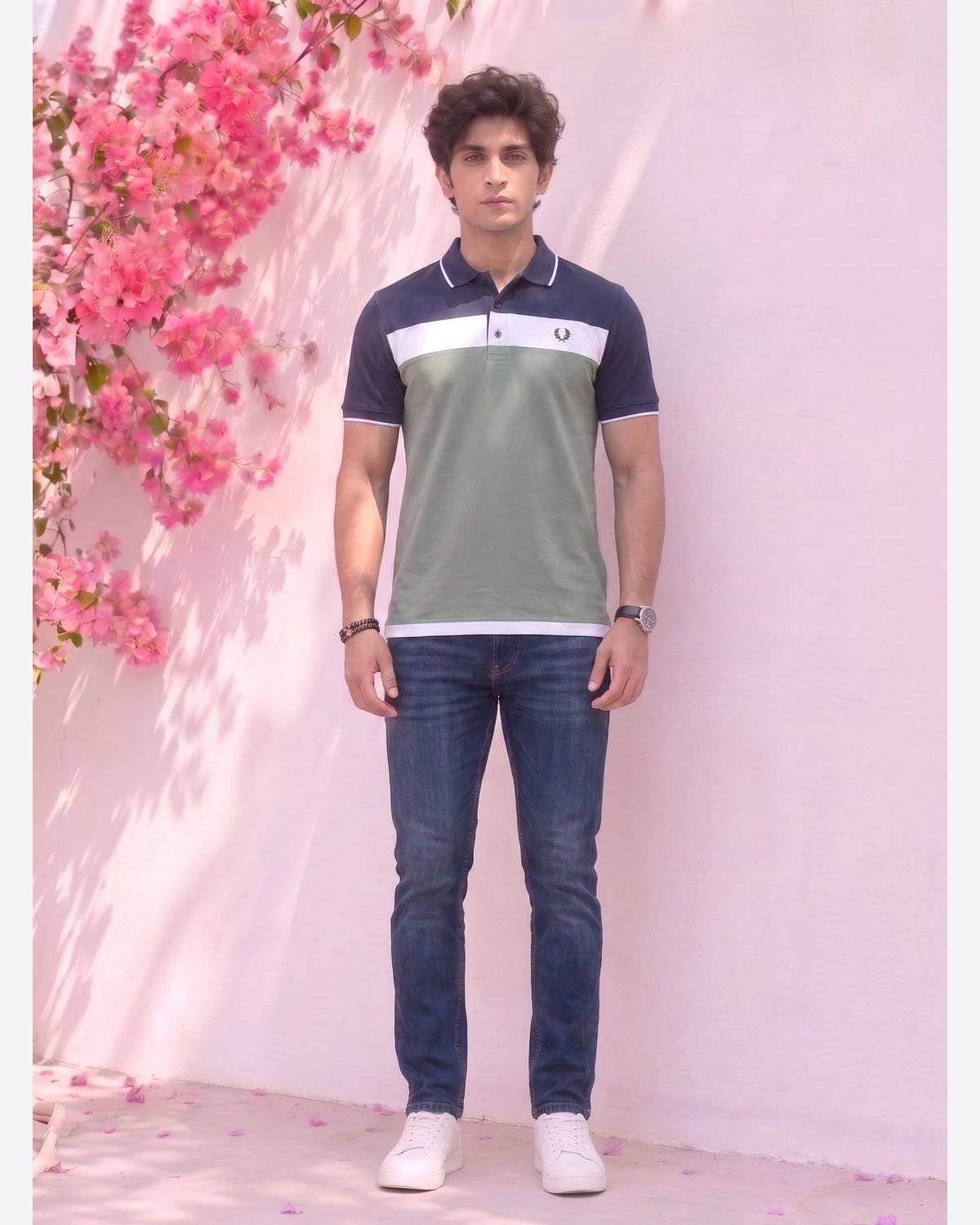 Men's Navy Blue & Sage Green Color Block Polo Shirt