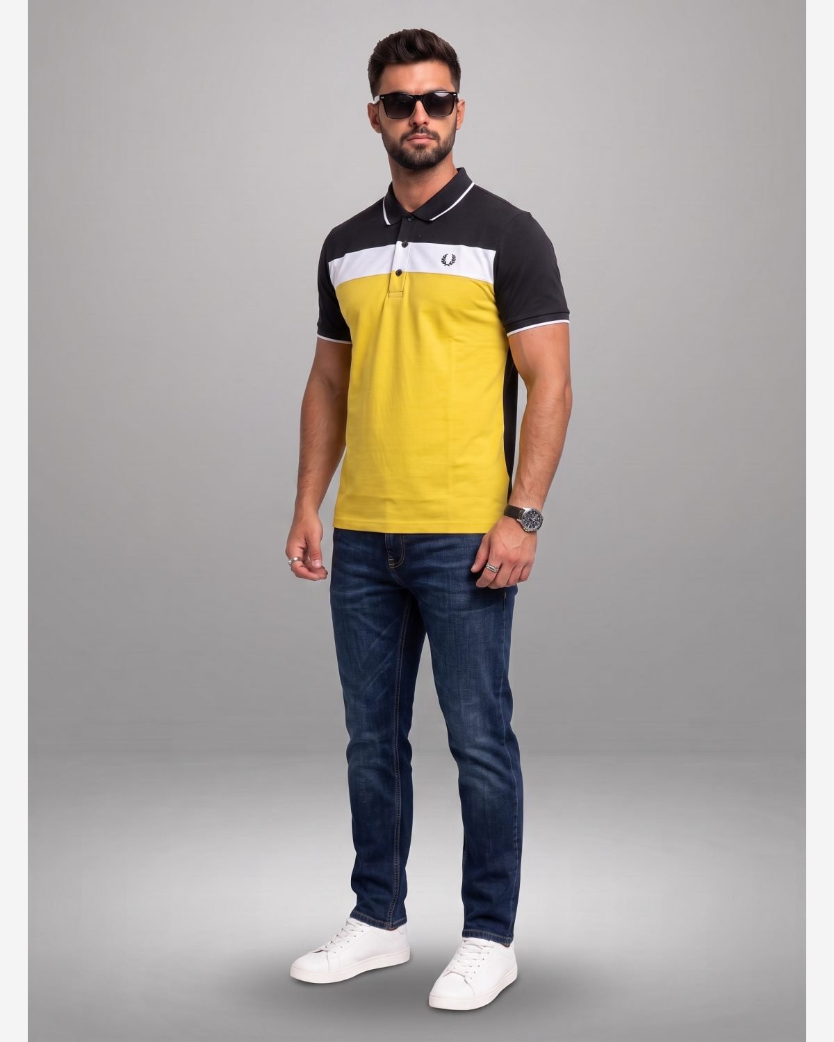Men's Premium Yellow Color Block Polo Shirt with Black Yoke view 3