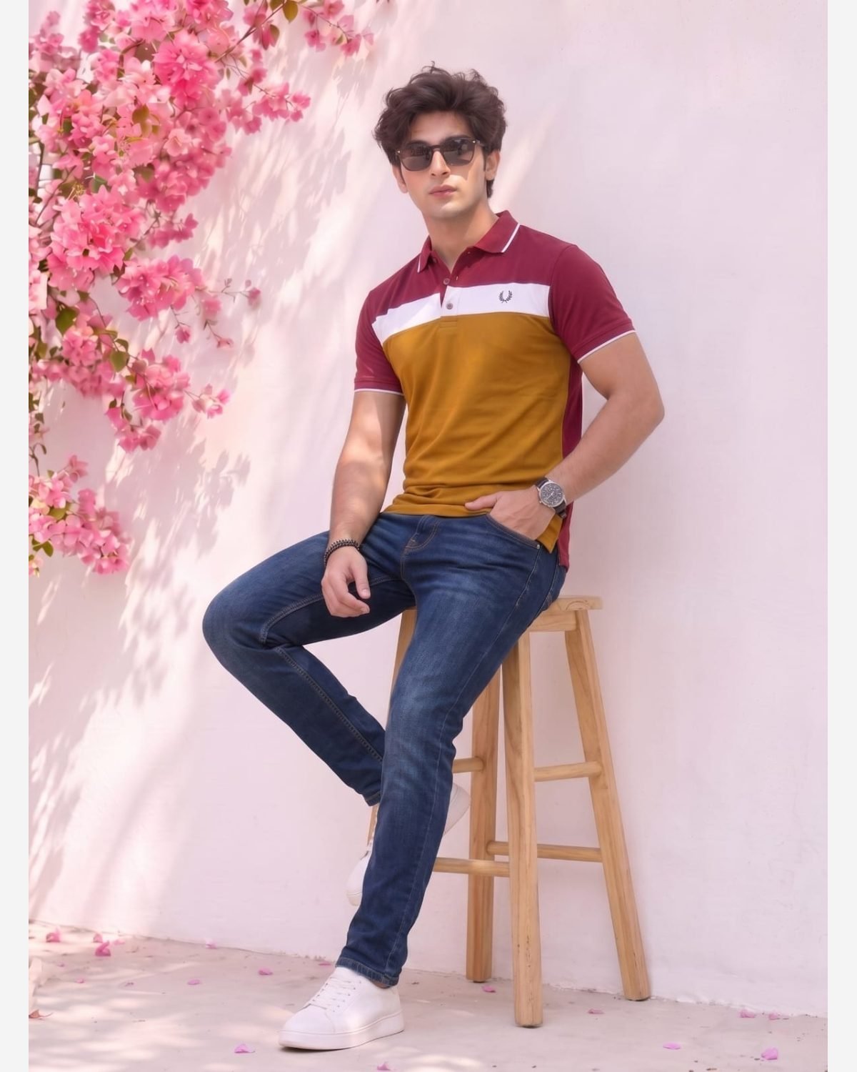 Men's Maroon & Mustard Premium Color Block Polo Shirt view 4