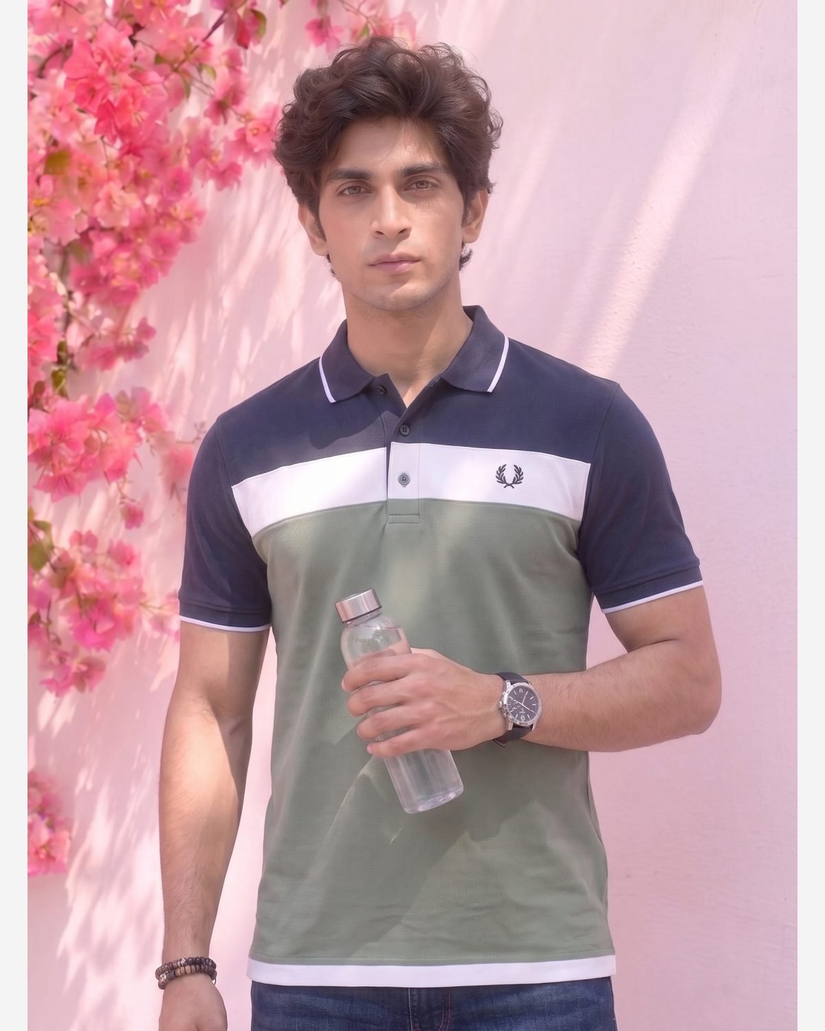 Men's Navy Blue & Sage Green Color Block Polo Shirt view 4