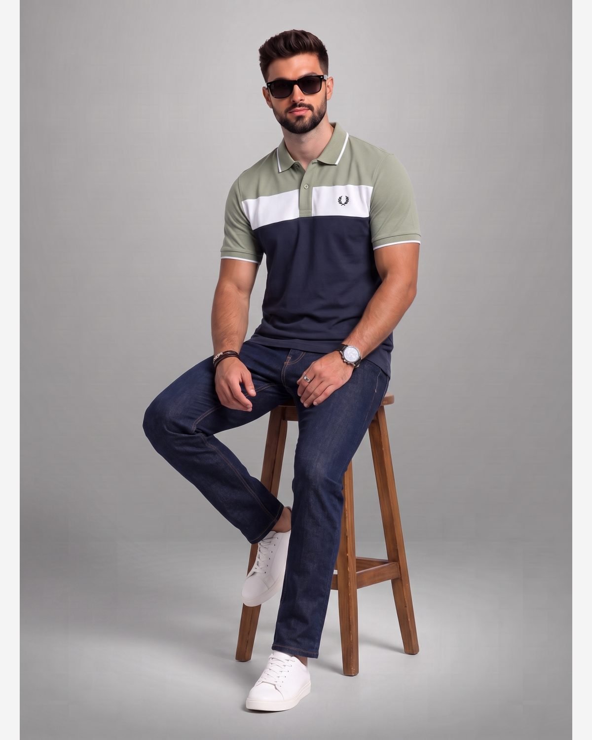 Men's Olive Green & Navy Color Block Polo Shirt view 3
