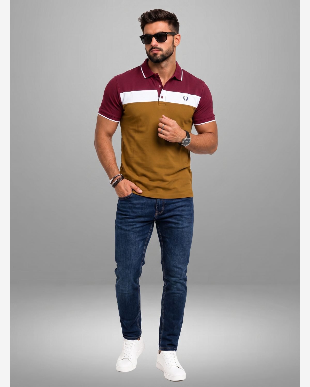 Men's Maroon & Mustard Premium Color Block Polo Shirt view 4