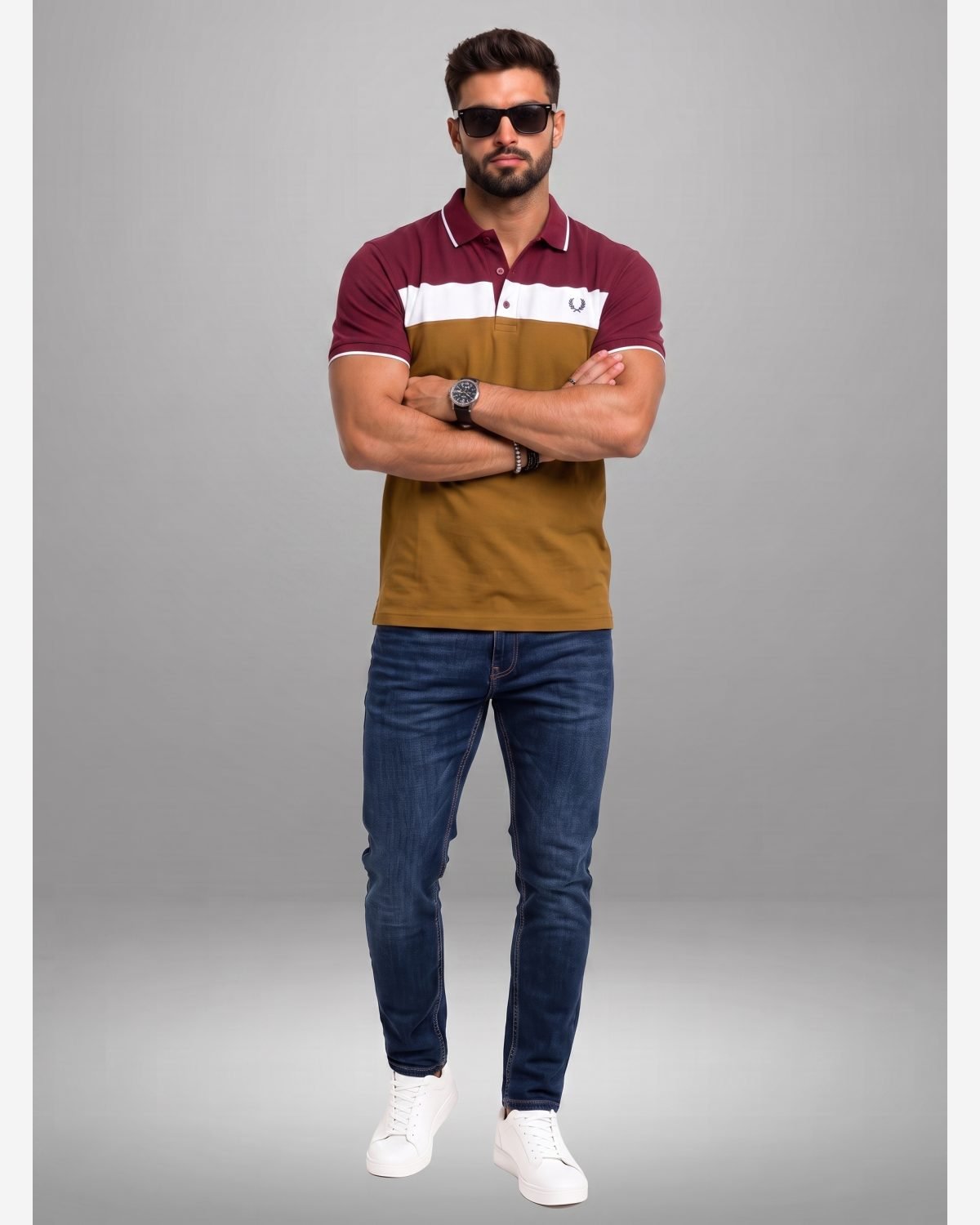 Men's Maroon & Mustard Premium Color Block Polo Shirt view 3