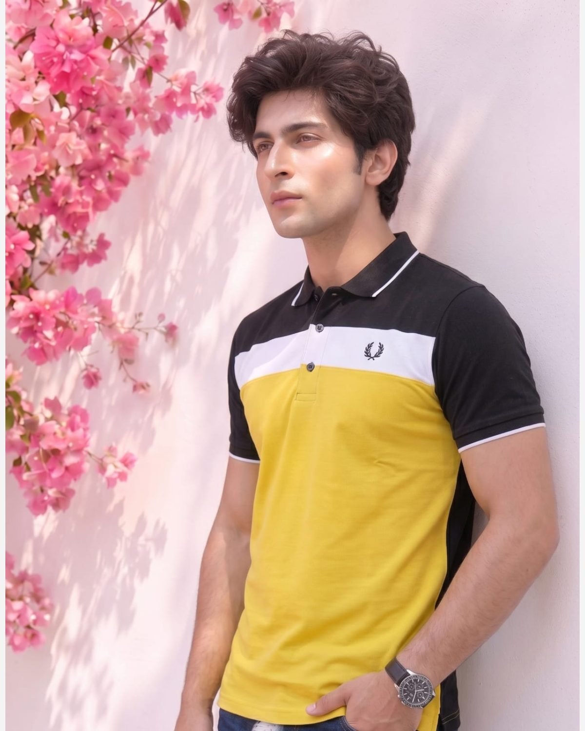 Men's Premium Yellow Color Block Polo Shirt with Black Yoke view 3
