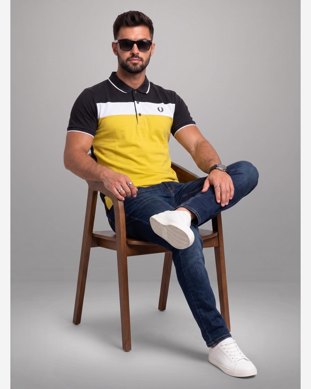 Men's Premium Yellow Color Block Polo Shirt with Black Yoke view 4