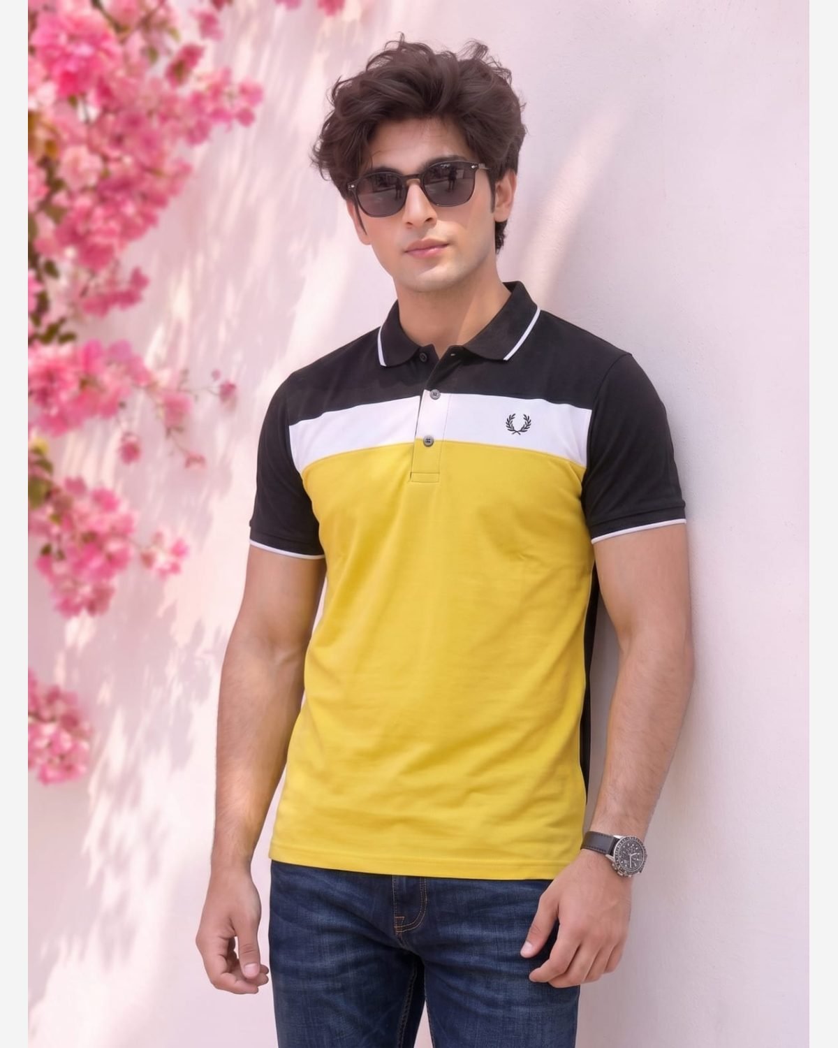 Men's Premium Yellow Color Block Polo Shirt with Black Yoke view 2