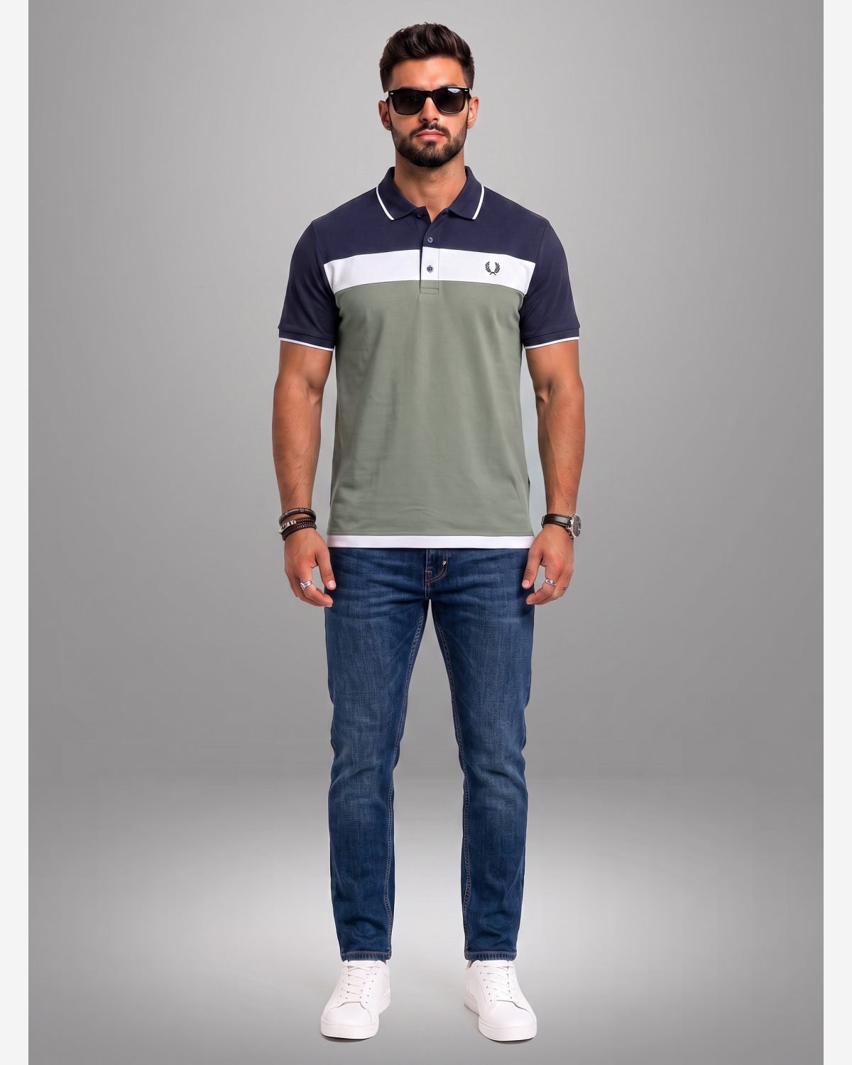 Men's Navy Blue & Sage Green Color Block Polo Shirt
