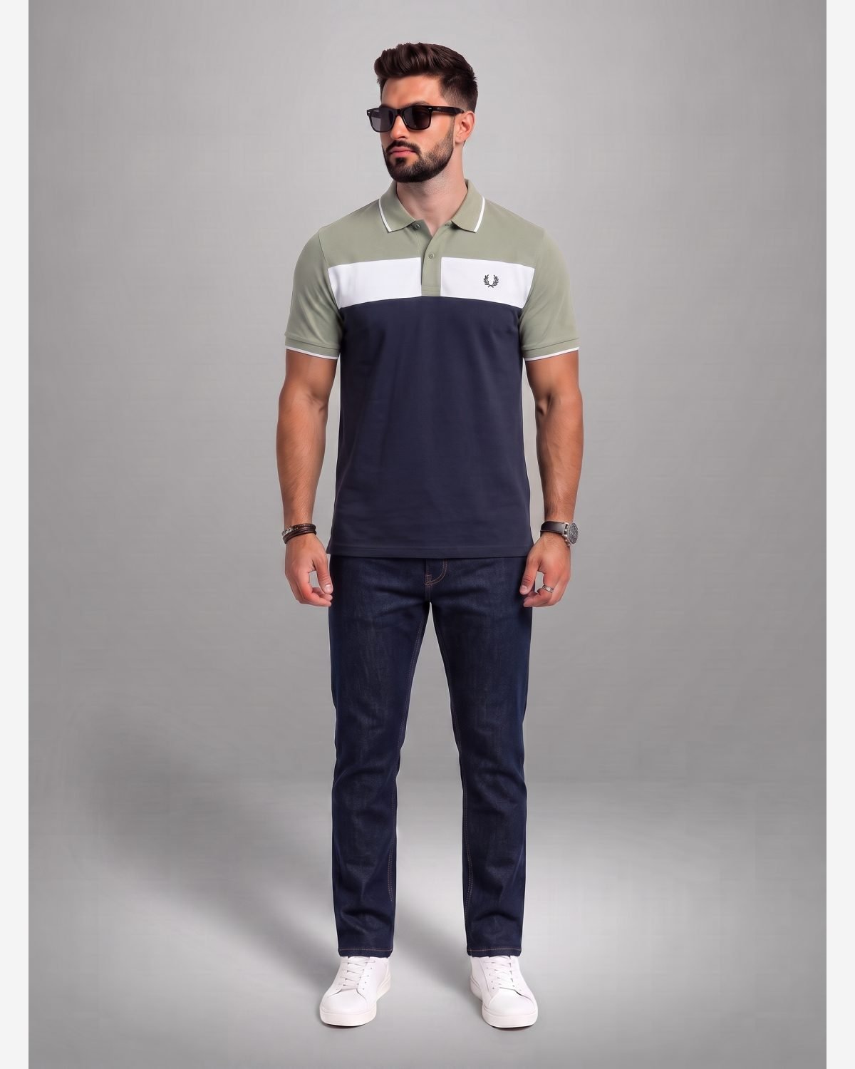Men's Olive Green & Navy Color Block Polo Shirt view 4