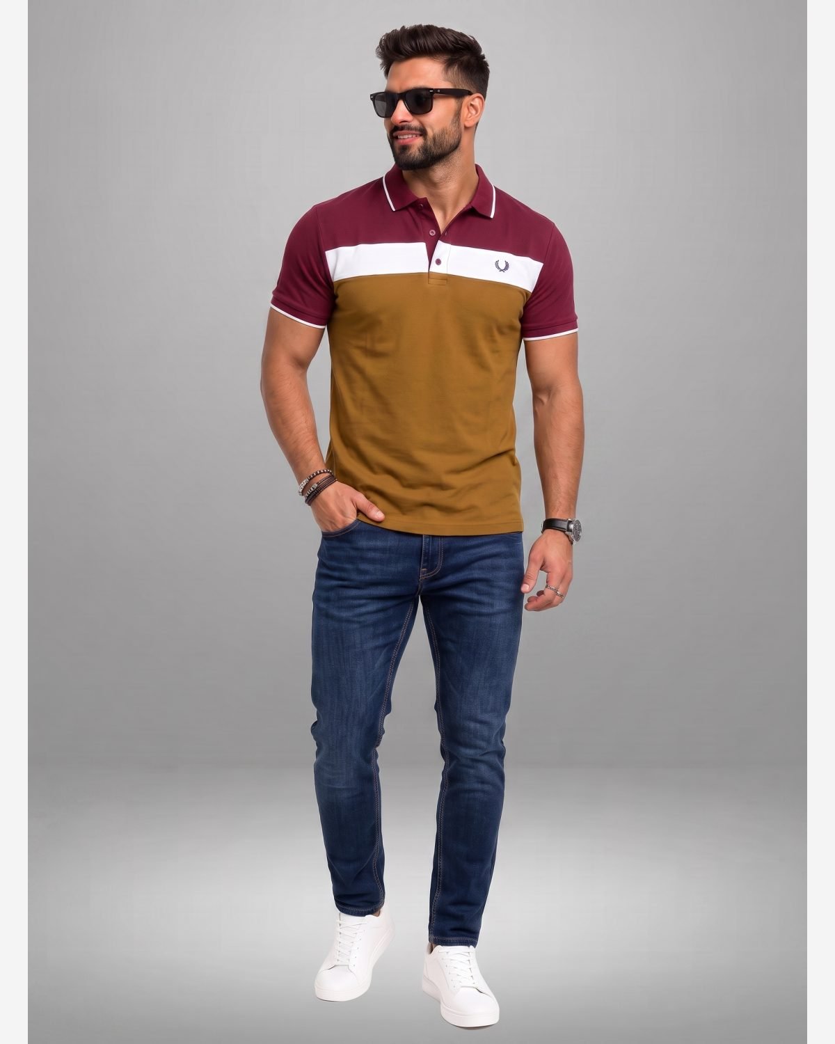 Men's Maroon & Mustard Premium Color Block Polo Shirt